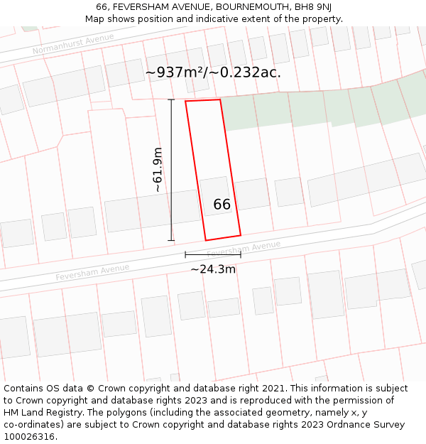 66, FEVERSHAM AVENUE, BOURNEMOUTH, BH8 9NJ: Plot and title map