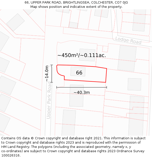 66, UPPER PARK ROAD, BRIGHTLINGSEA, COLCHESTER, CO7 0JG: Plot and title map