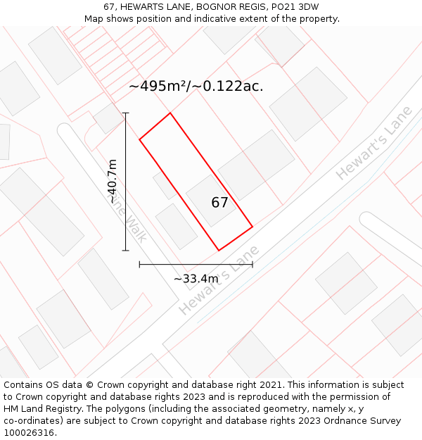 67, HEWARTS LANE, BOGNOR REGIS, PO21 3DW: Plot and title map