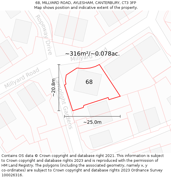 68, MILLYARD ROAD, AYLESHAM, CANTERBURY, CT3 3FP: Plot and title map