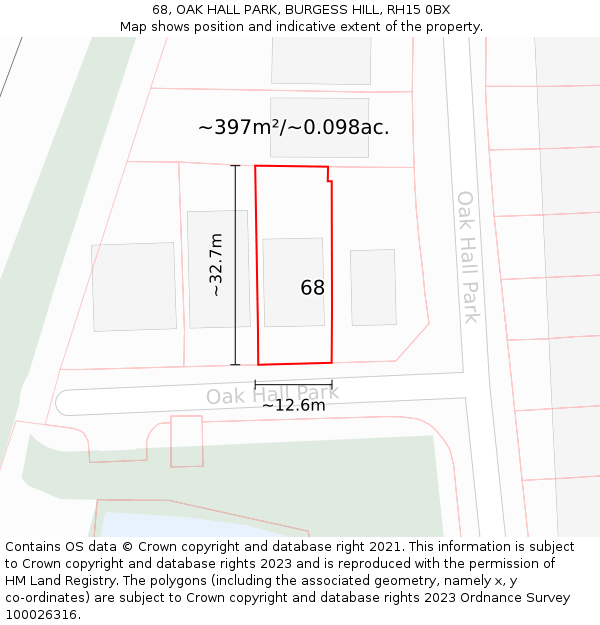 68, OAK HALL PARK, BURGESS HILL, RH15 0BX: Plot and title map