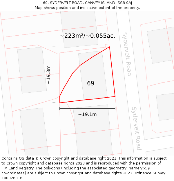 69, SYDERVELT ROAD, CANVEY ISLAND, SS8 9AJ: Plot and title map