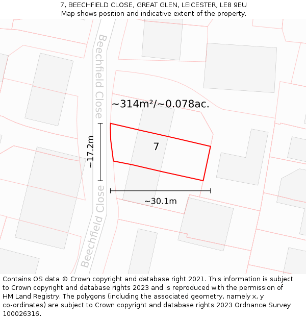 7, BEECHFIELD CLOSE, GREAT GLEN, LEICESTER, LE8 9EU: Plot and title map