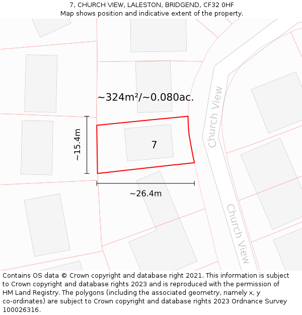 7, CHURCH VIEW, LALESTON, BRIDGEND, CF32 0HF: Plot and title map