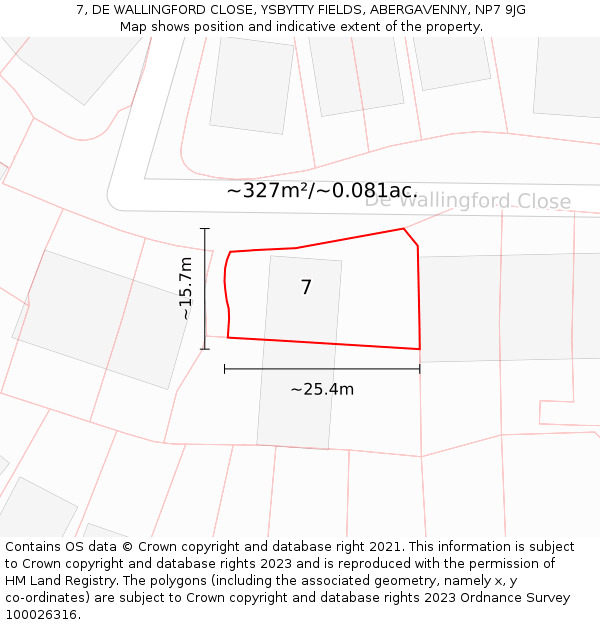 7, DE WALLINGFORD CLOSE, YSBYTTY FIELDS, ABERGAVENNY, NP7 9JG: Plot and title map