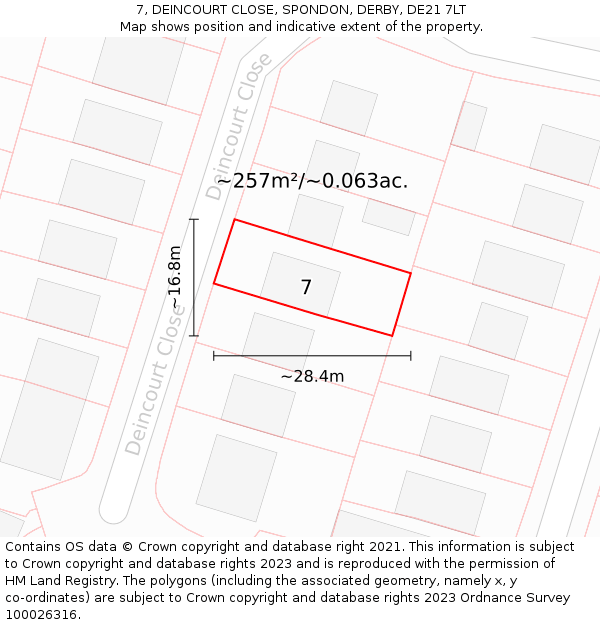 7, DEINCOURT CLOSE, SPONDON, DERBY, DE21 7LT: Plot and title map