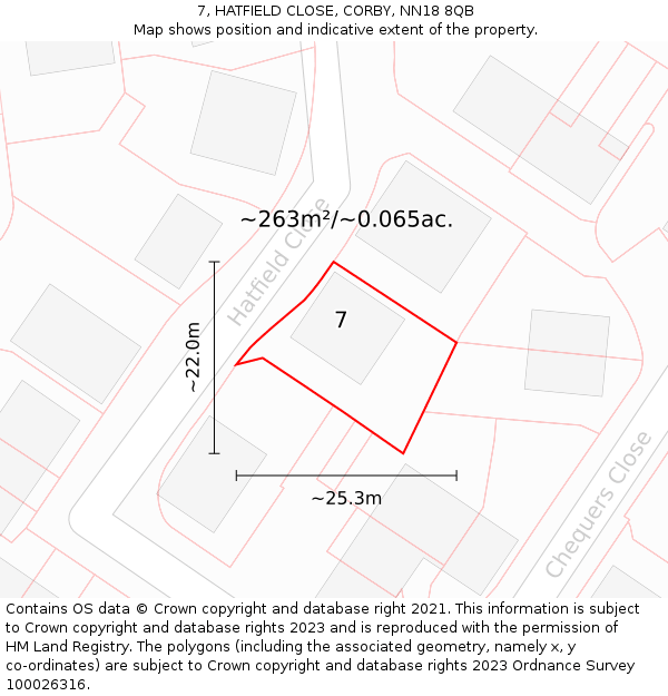 7, HATFIELD CLOSE, CORBY, NN18 8QB: Plot and title map