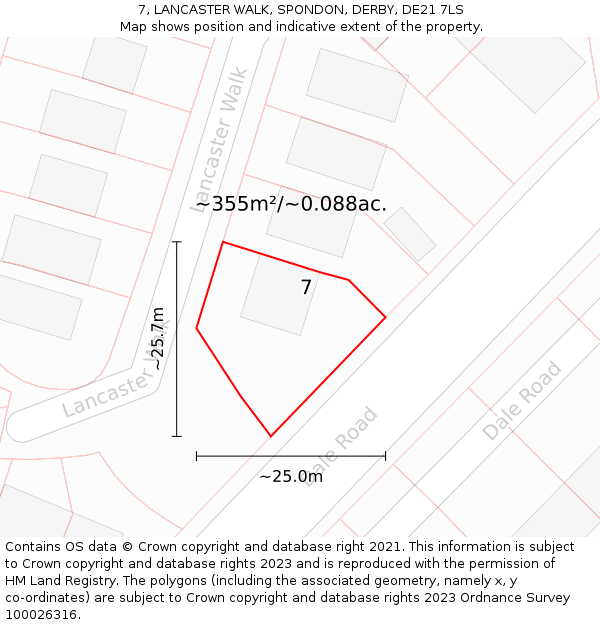 7, LANCASTER WALK, SPONDON, DERBY, DE21 7LS: Plot and title map