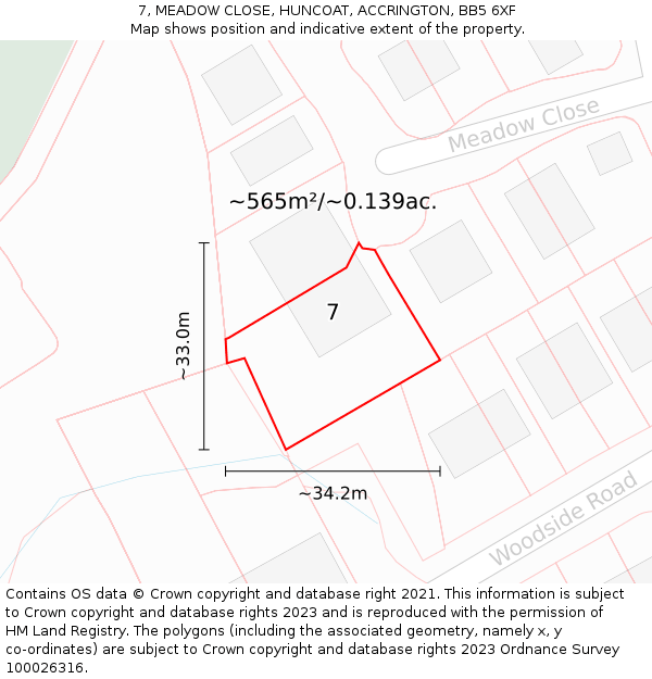 7, MEADOW CLOSE, HUNCOAT, ACCRINGTON, BB5 6XF: Plot and title map