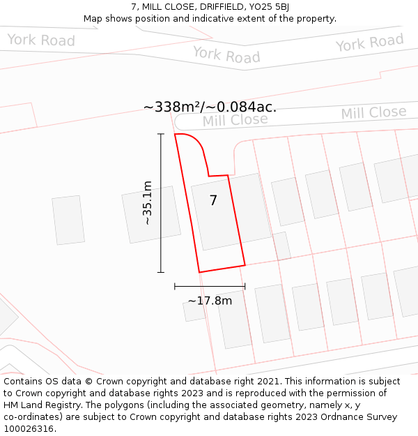 7, MILL CLOSE, DRIFFIELD, YO25 5BJ: Plot and title map