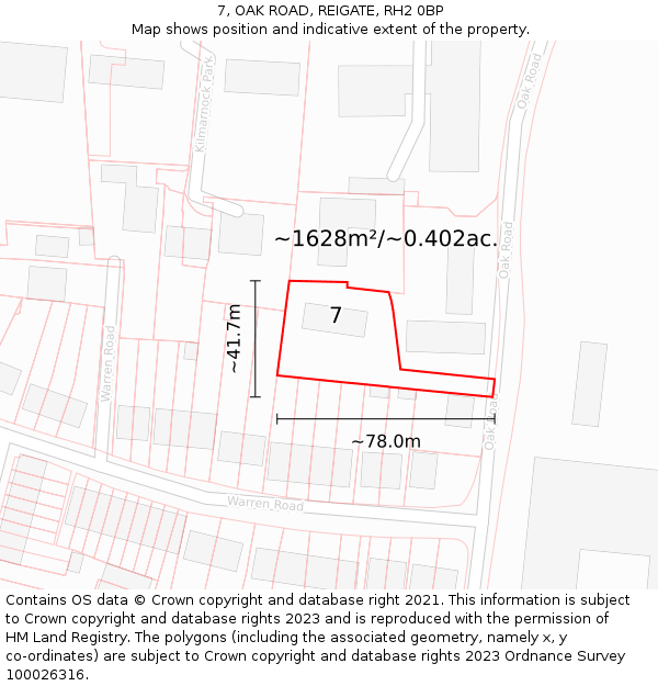 7, OAK ROAD, REIGATE, RH2 0BP: Plot and title map