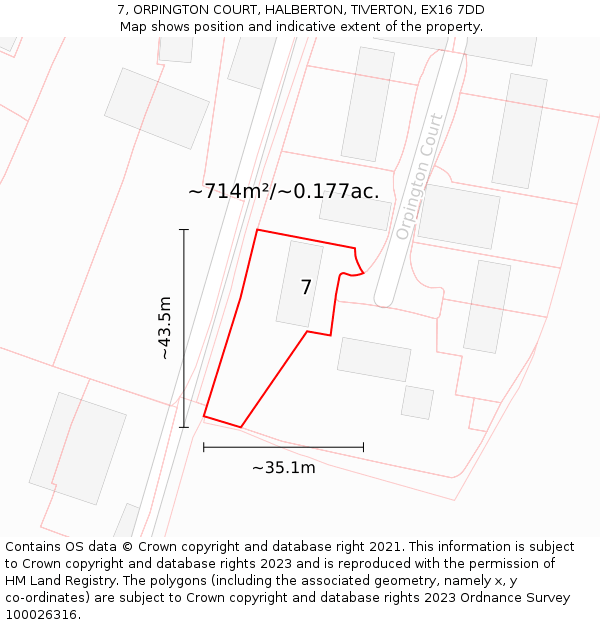 7, ORPINGTON COURT, HALBERTON, TIVERTON, EX16 7DD: Plot and title map