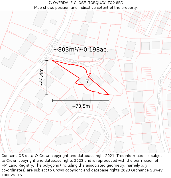 7, OVERDALE CLOSE, TORQUAY, TQ2 8RD: Plot and title map