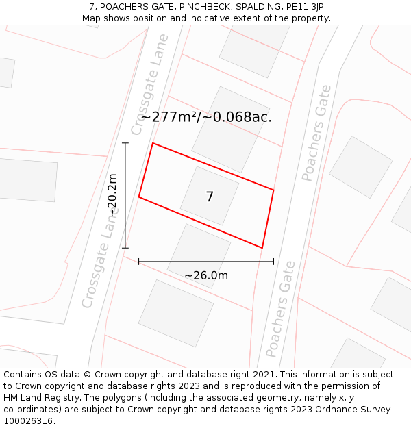 7, POACHERS GATE, PINCHBECK, SPALDING, PE11 3JP: Plot and title map