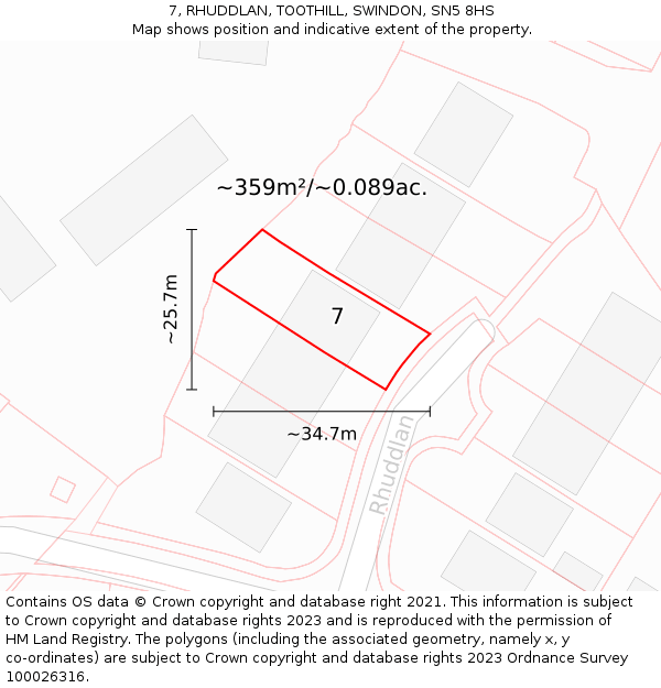 7, RHUDDLAN, TOOTHILL, SWINDON, SN5 8HS: Plot and title map