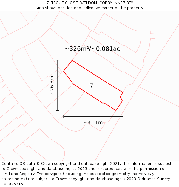 7, TROUT CLOSE, WELDON, CORBY, NN17 3FY: Plot and title map