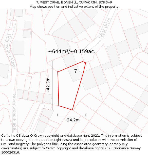 7, WEST DRIVE, BONEHILL, TAMWORTH, B78 3HR: Plot and title map