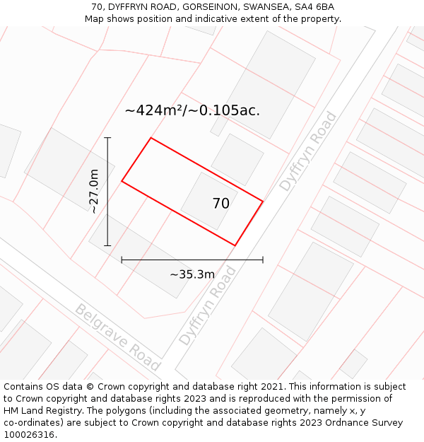 70, DYFFRYN ROAD, GORSEINON, SWANSEA, SA4 6BA: Plot and title map