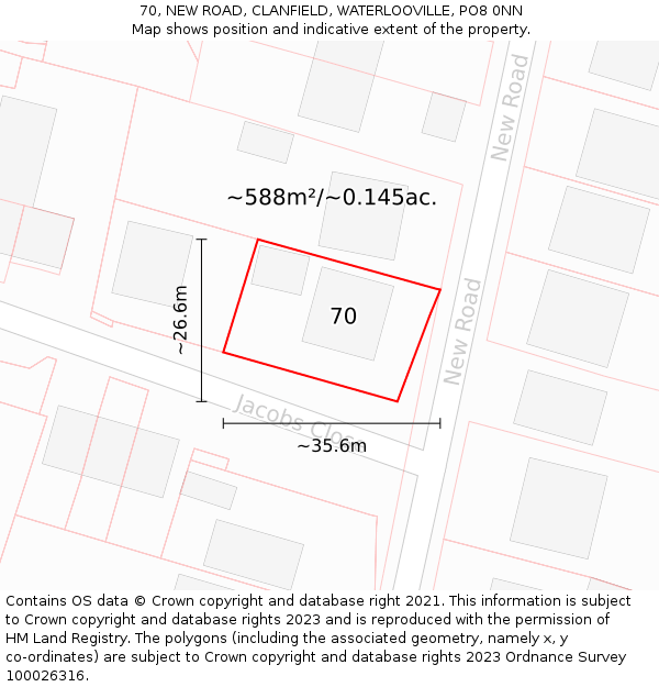 70, NEW ROAD, CLANFIELD, WATERLOOVILLE, PO8 0NN: Plot and title map