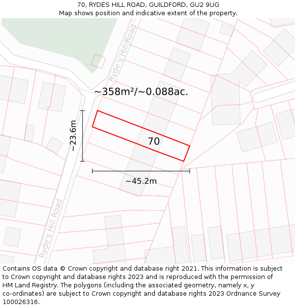 70, RYDES HILL ROAD, GUILDFORD, GU2 9UG: Plot and title map