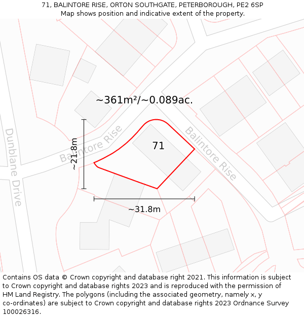 71, BALINTORE RISE, ORTON SOUTHGATE, PETERBOROUGH, PE2 6SP: Plot and title map