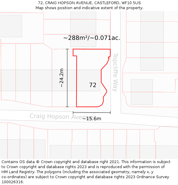 72, CRAIG HOPSON AVENUE, CASTLEFORD, WF10 5US: Plot and title map