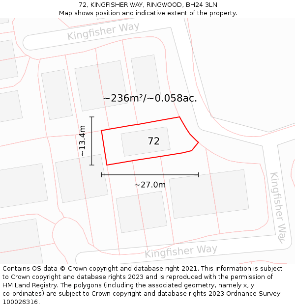 72, KINGFISHER WAY, RINGWOOD, BH24 3LN: Plot and title map