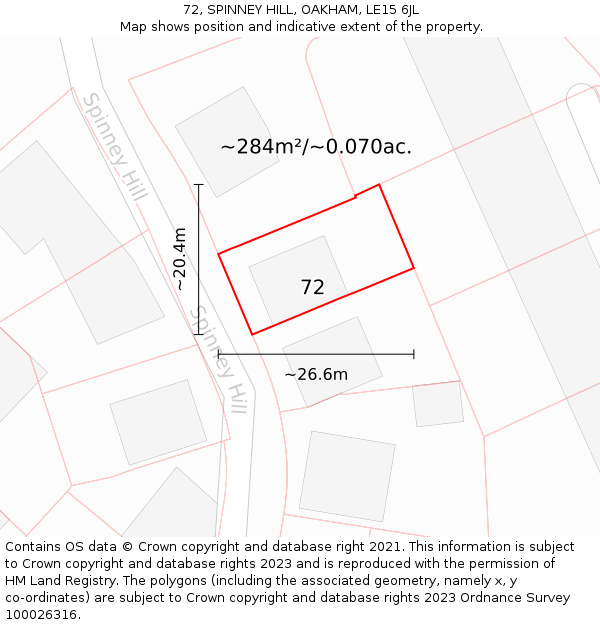 72, SPINNEY HILL, OAKHAM, LE15 6JL: Plot and title map