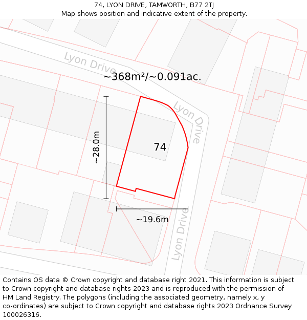 74, LYON DRIVE, TAMWORTH, B77 2TJ: Plot and title map