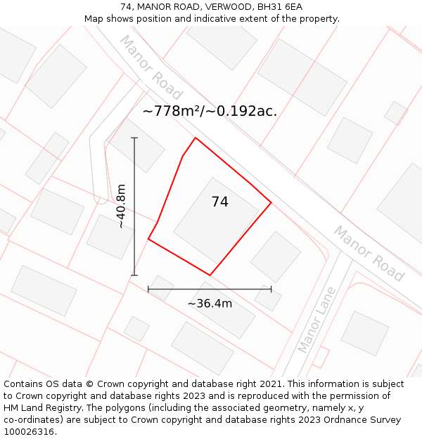 74, MANOR ROAD, VERWOOD, BH31 6EA: Plot and title map