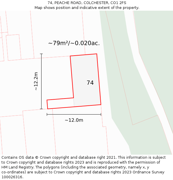 74, PEACHE ROAD, COLCHESTER, CO1 2FS: Plot and title map