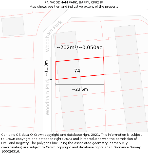 74, WOODHAM PARK, BARRY, CF62 8FJ: Plot and title map