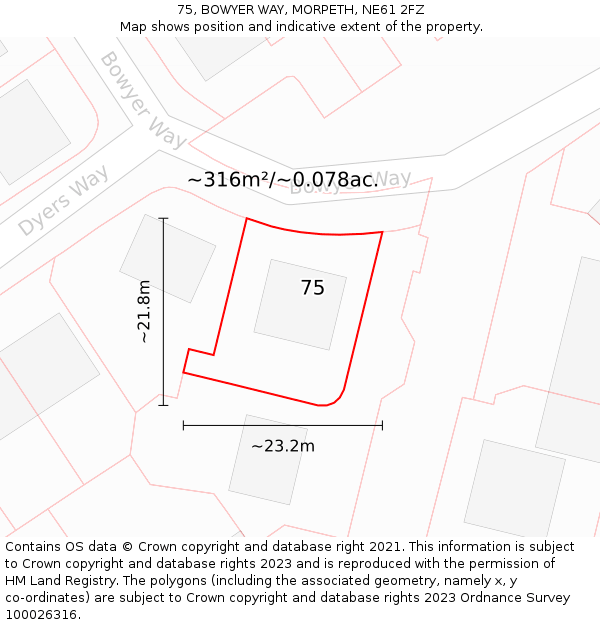 75, BOWYER WAY, MORPETH, NE61 2FZ: Plot and title map