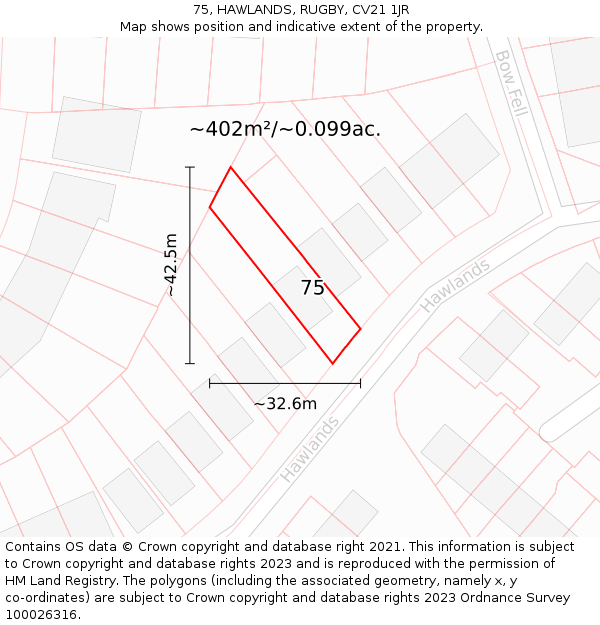 75, HAWLANDS, RUGBY, CV21 1JR: Plot and title map