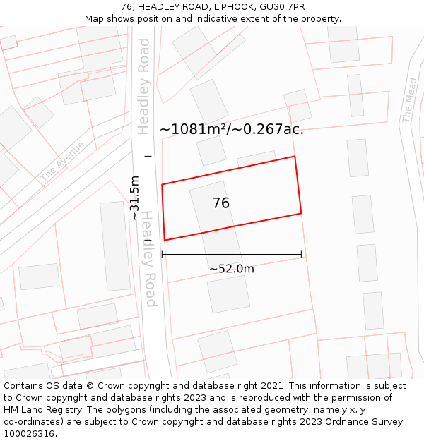 76, HEADLEY ROAD, LIPHOOK, GU30 7PR: Plot and title map