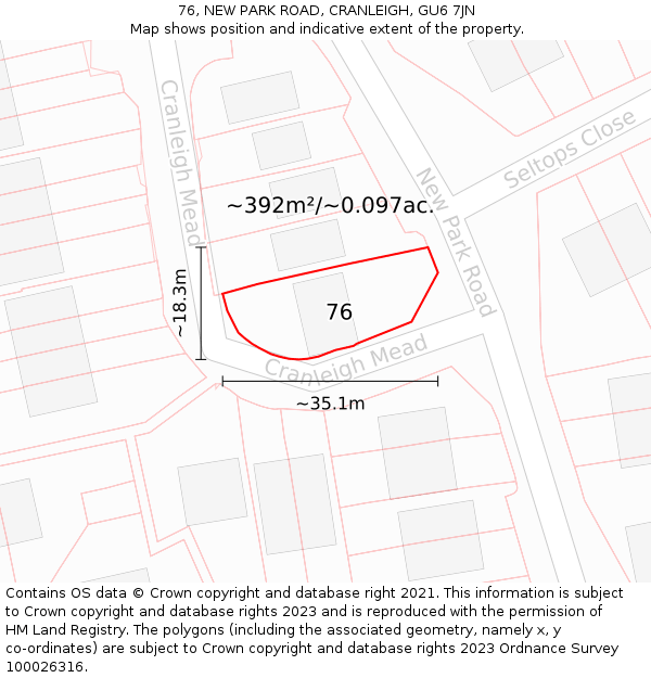 76, NEW PARK ROAD, CRANLEIGH, GU6 7JN: Plot and title map