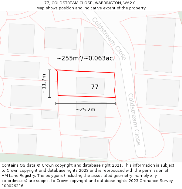 77, COLDSTREAM CLOSE, WARRINGTON, WA2 0LJ: Plot and title map