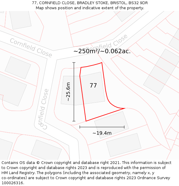 77, CORNFIELD CLOSE, BRADLEY STOKE, BRISTOL, BS32 9DR: Plot and title map