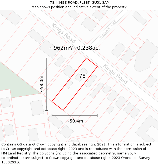 78, KINGS ROAD, FLEET, GU51 3AP: Plot and title map