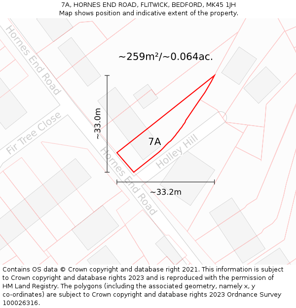 7A, HORNES END ROAD, FLITWICK, BEDFORD, MK45 1JH: Plot and title map