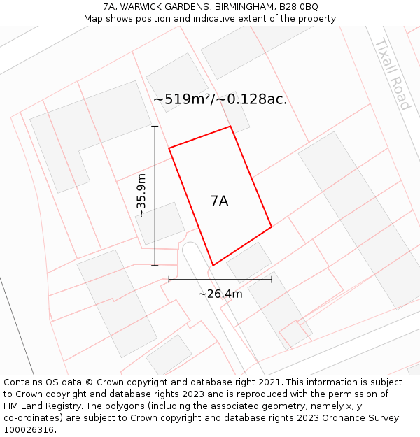 7A, WARWICK GARDENS, BIRMINGHAM, B28 0BQ: Plot and title map