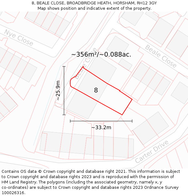 8, BEALE CLOSE, BROADBRIDGE HEATH, HORSHAM, RH12 3GY: Plot and title map