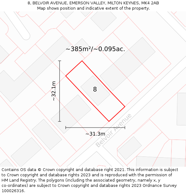 8, BELVOIR AVENUE, EMERSON VALLEY, MILTON KEYNES, MK4 2AB: Plot and title map