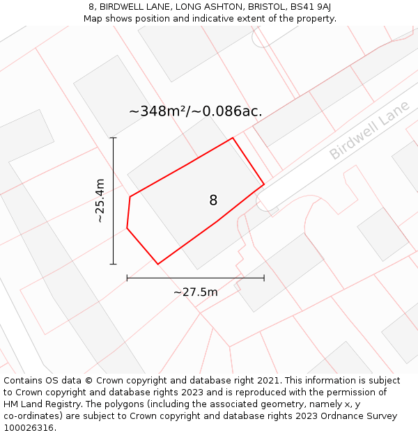 8, BIRDWELL LANE, LONG ASHTON, BRISTOL, BS41 9AJ: Plot and title map