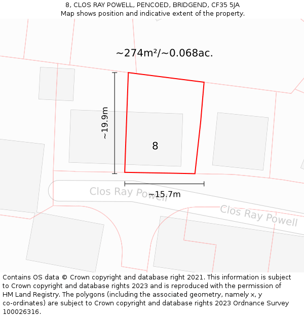 8, CLOS RAY POWELL, PENCOED, BRIDGEND, CF35 5JA: Plot and title map