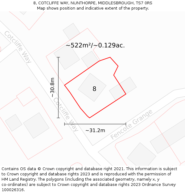 8, COTCLIFFE WAY, NUNTHORPE, MIDDLESBROUGH, TS7 0RS: Plot and title map