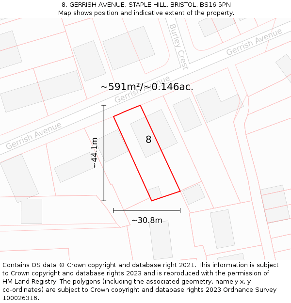 8, GERRISH AVENUE, STAPLE HILL, BRISTOL, BS16 5PN: Plot and title map