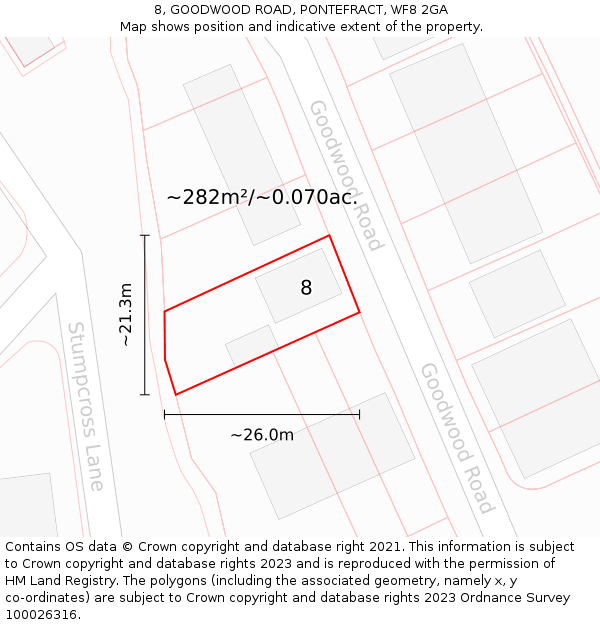 8, GOODWOOD ROAD, PONTEFRACT, WF8 2GA: Plot and title map