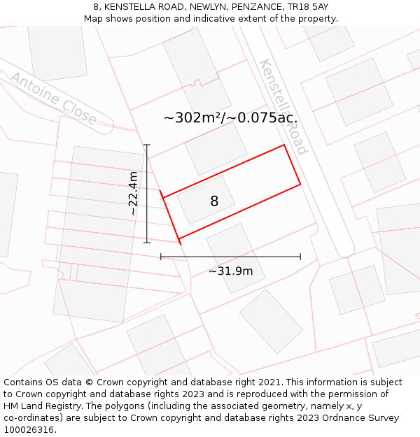 8, KENSTELLA ROAD, NEWLYN, PENZANCE, TR18 5AY: Plot and title map