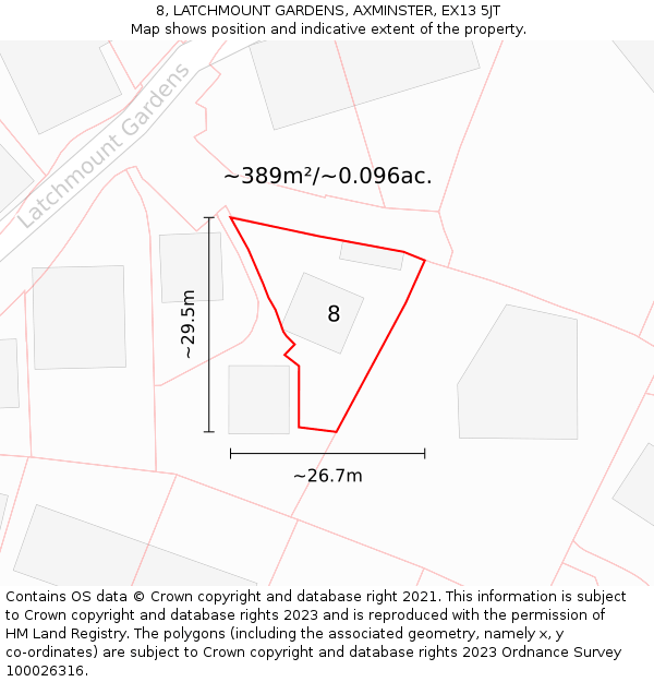 8, LATCHMOUNT GARDENS, AXMINSTER, EX13 5JT: Plot and title map